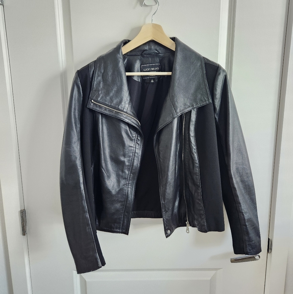 Lucky Brand Waterfall Black Leather Moto Jacket, Size Medium